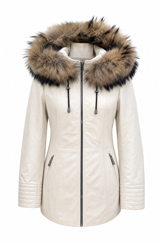 Xchic Pelle Nora cream leather jacket with fur-lined fox hood, stylish and warm outerwear for cold weather.