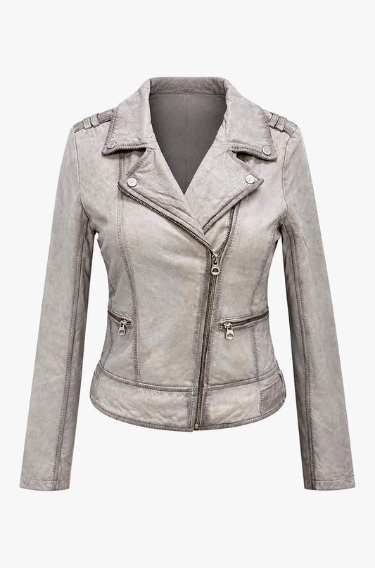 Grey vintage leather biker jacket by Xchic Pelle featuring soft Nappa leather and classic biker design.
