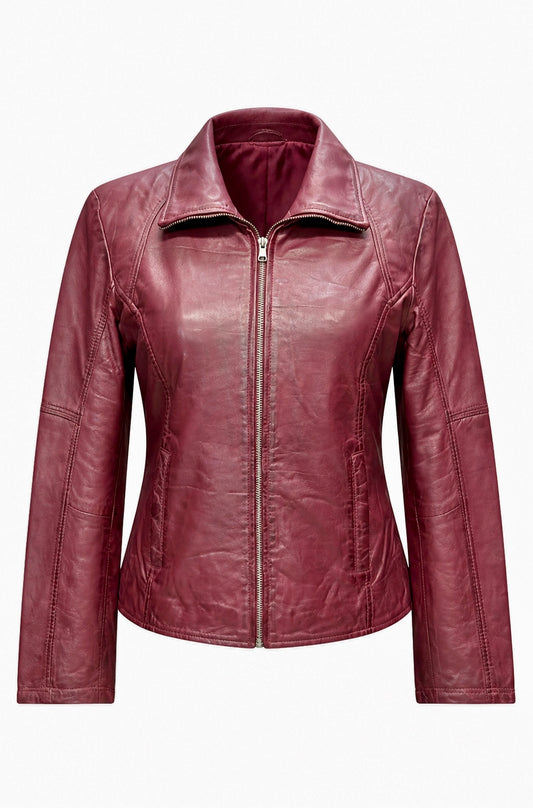 Xchic Pelle Scarlett Burgundy leather jacket in soft Nappa leather, shown hanging with a fitted style and smooth texture.