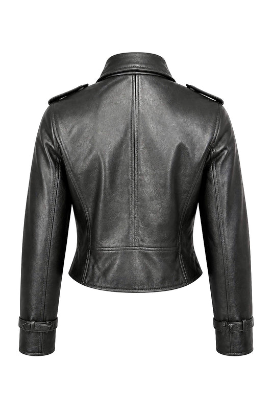 “Perfecto Mini Crop” Biker with belt Leather Jacket in soft genuine lambskin