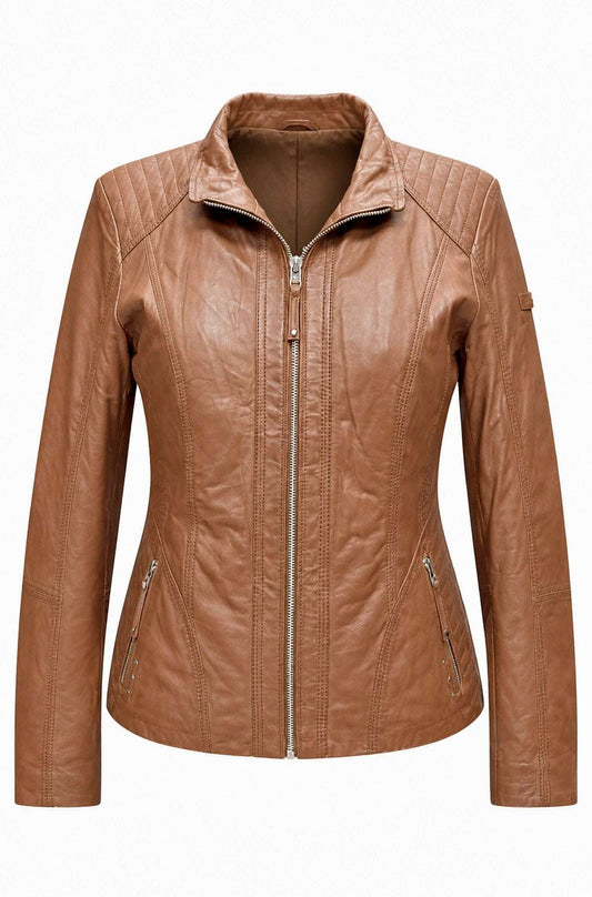 “Sienna” Camel Leather Jacket in soft genuine Nappa