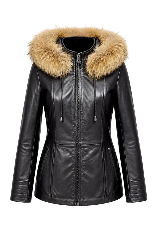 “Nora” Black Leather Jacket with Fur/Fox Hood