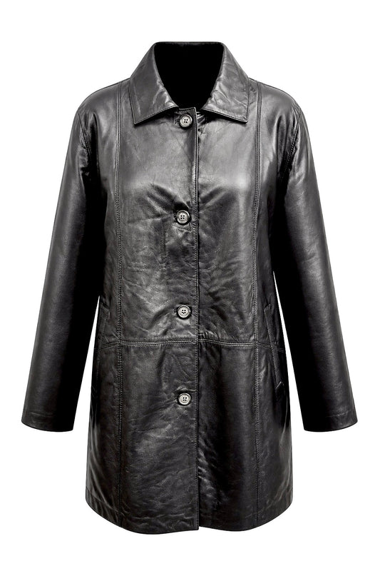 “Victoria” (PLUS SIZE) Black Leather Long Coat in soft Nappa
