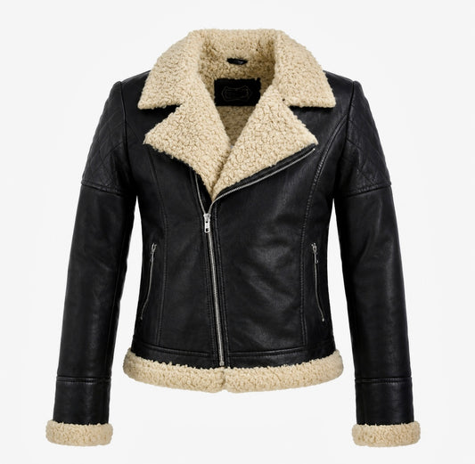 Xchic Pelle Stella black leather aviator sheepskin jacket with shearling collar and lining, full view of the stylish outerwear.