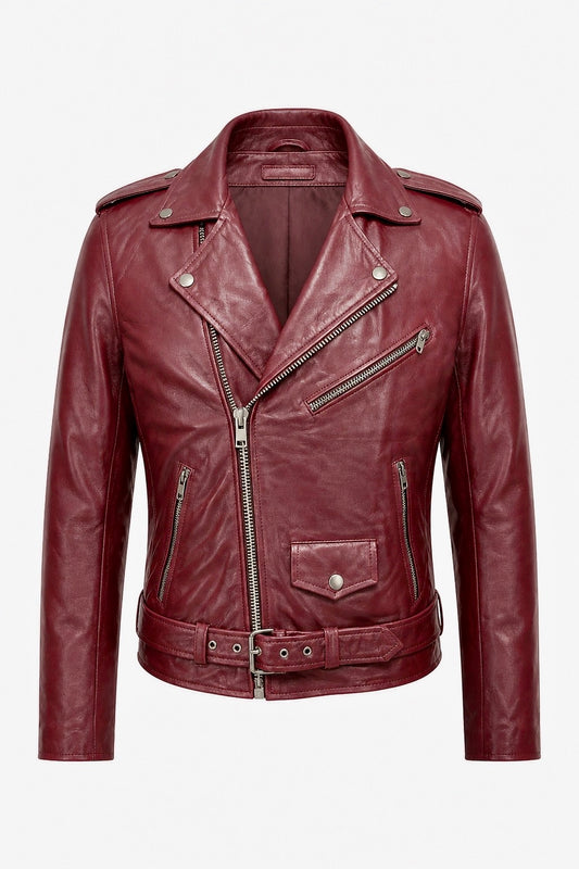 Xchic Pelle men's Bordeaux leather biker jacket with belt, full view showing classic design and stylish fit.