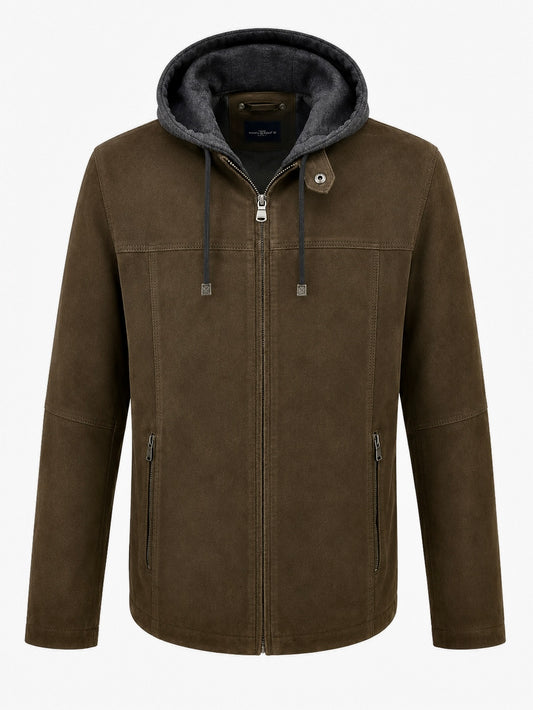 Xchic Pelle Lucas dark olive suede castor leather jacket with hoodie, shown full front view.