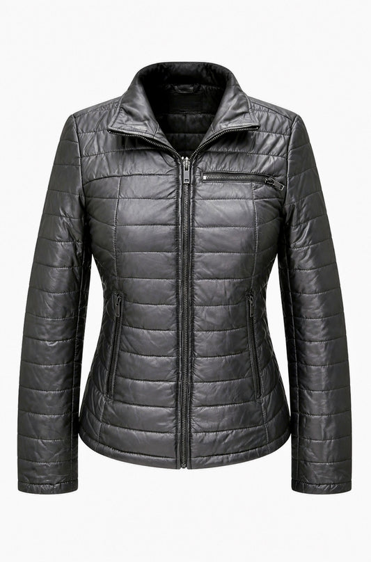Xchic Pelle Hoova black sport puffer jacket with soft Nappa leather, full front view showing quilted design and sleek fit.