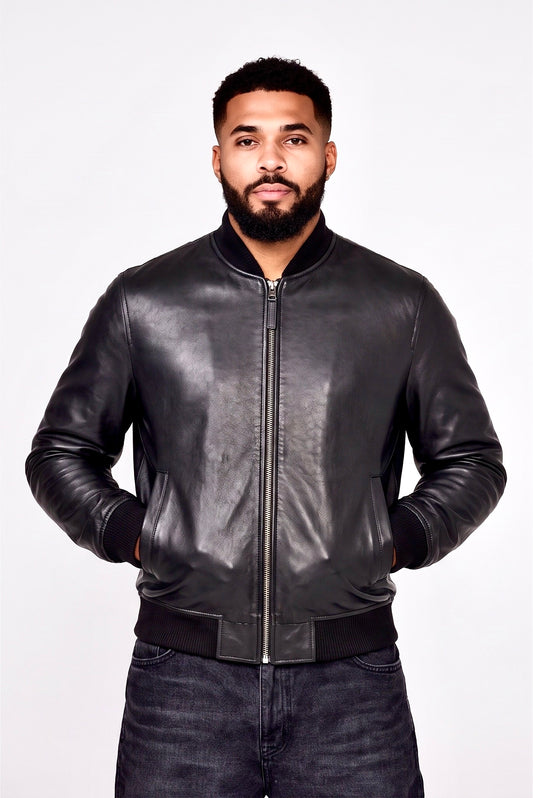 “V neckBomber” Leather Jacket in soft genuine lambskin with v neck