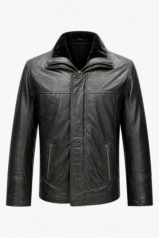 Xchic Pelle Gingo black leather parka jacket in soft Nappa leather, full view showcasing its stylish design and tailored fit.