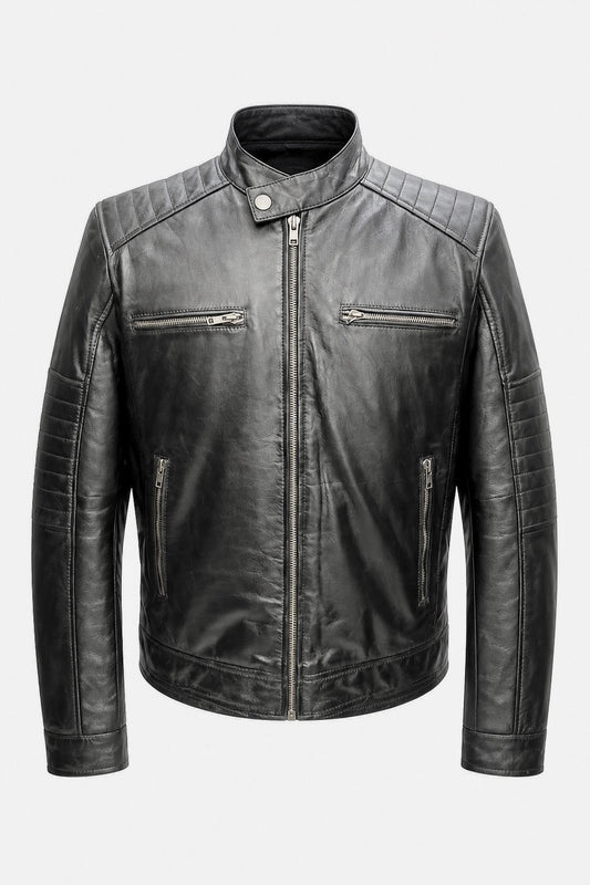 Black leather biker jacket from Xchic Pelle's Fielder collection, featuring soft Nappa leather and classic design.