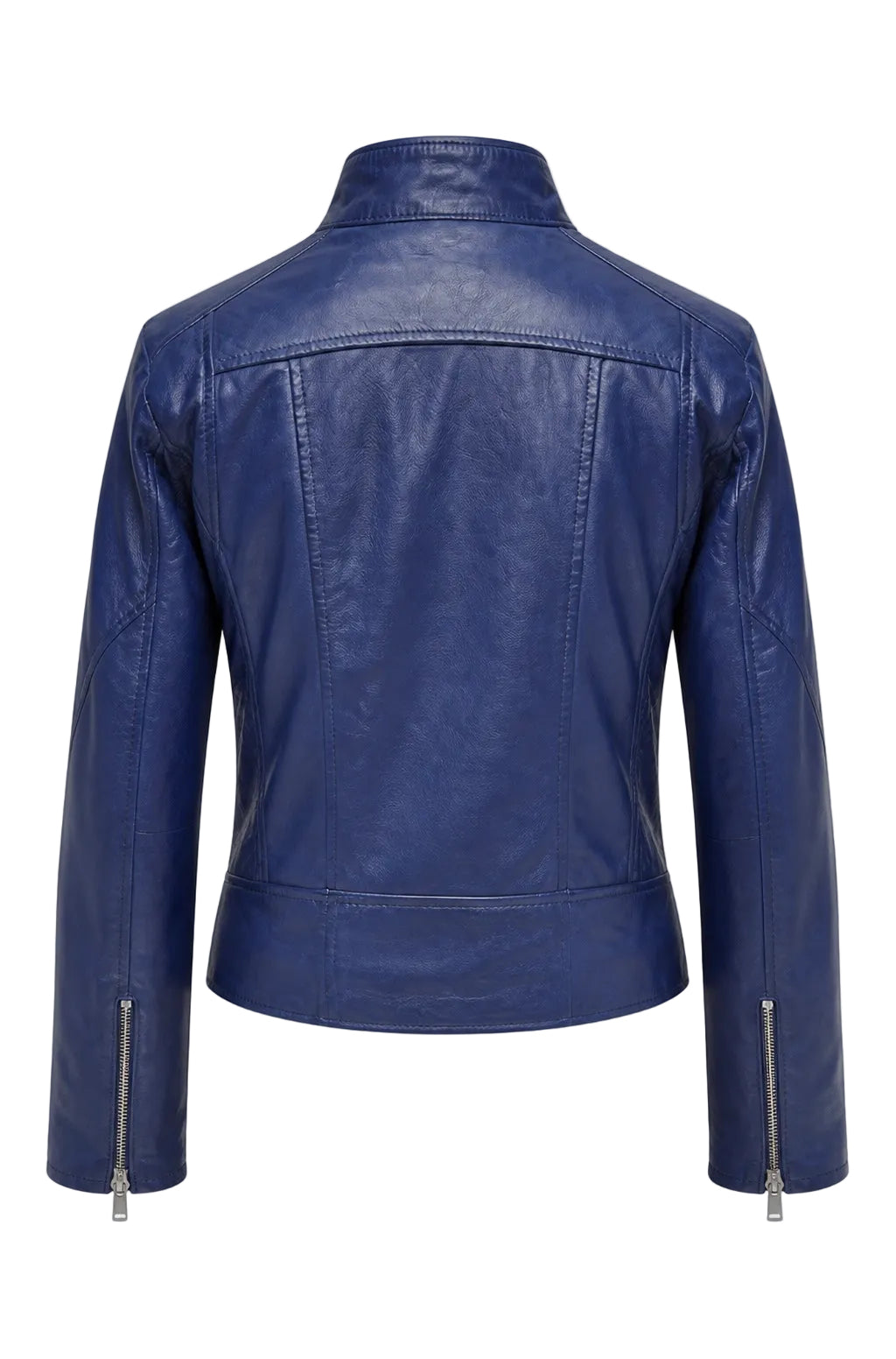 Blue leather jacket in soft Nappa leather by Xchic Pelle, displayed on a mannequin with a stylish collar and sleek design.