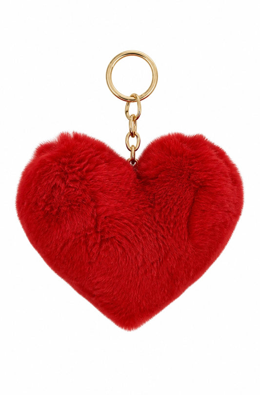 Red luxury fur pom pom bag and key charm by Xchic Pelle, perfect for Valentine's Day accessories.