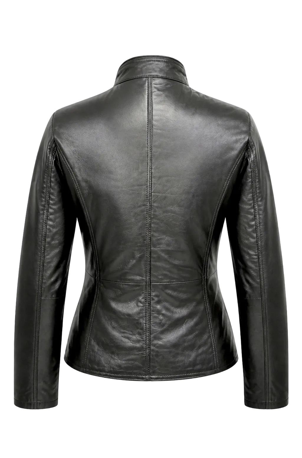 Elegant black leather jacket by Xchic Pelle, made from soft genuine Nappa leather, shown with a tailored fit and smooth texture.