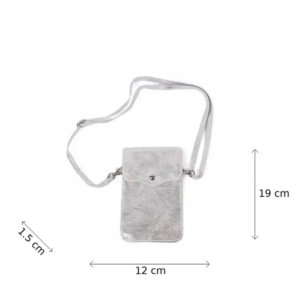 Suzann Xchic Pelle leather crossbody phone case in silver with sleek design and compact size, perfect for on-the-go use.