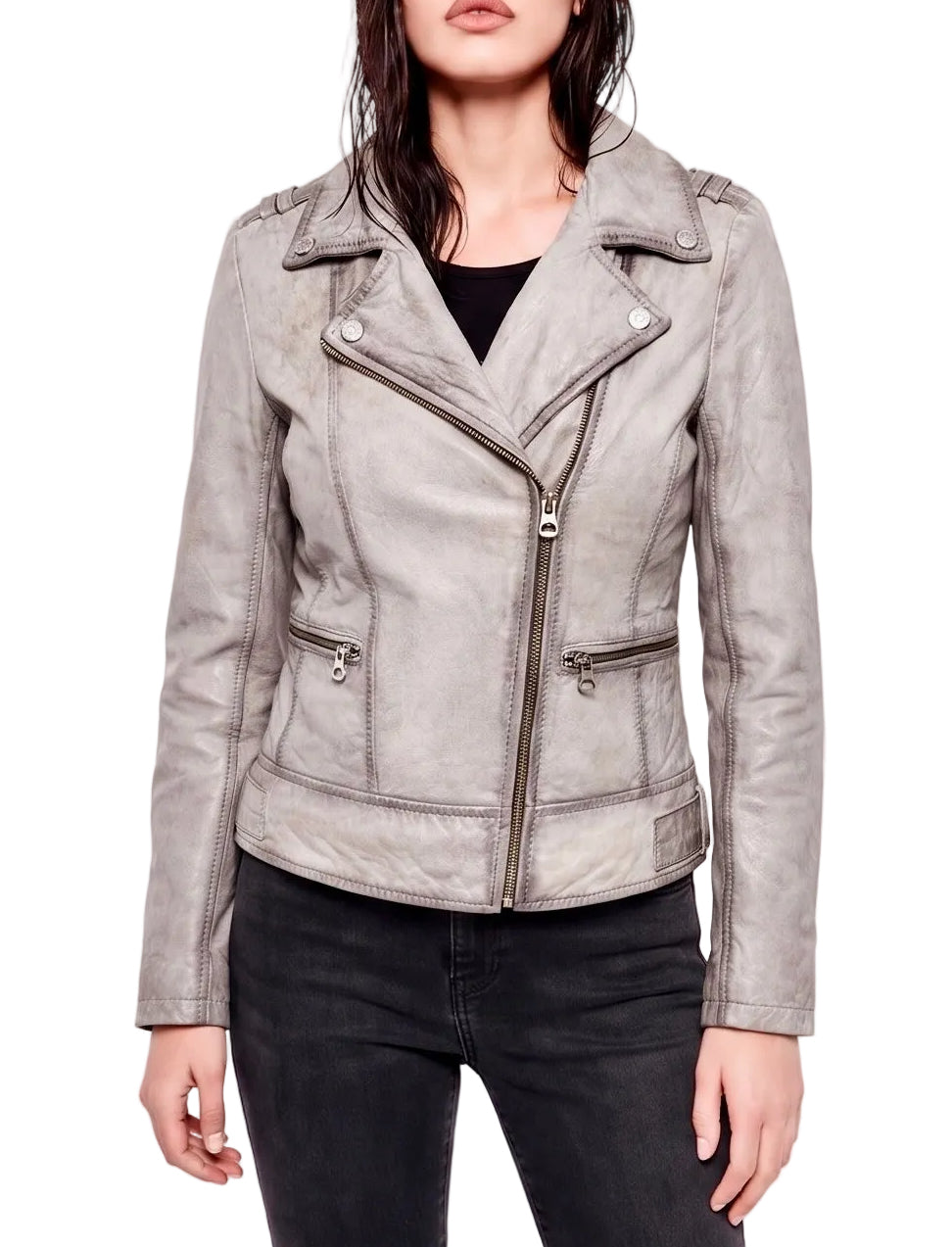 Xchic Pelle Chloe grey vintage leather biker jacket in soft Nappa leather, featuring classic design and detailed stitching.