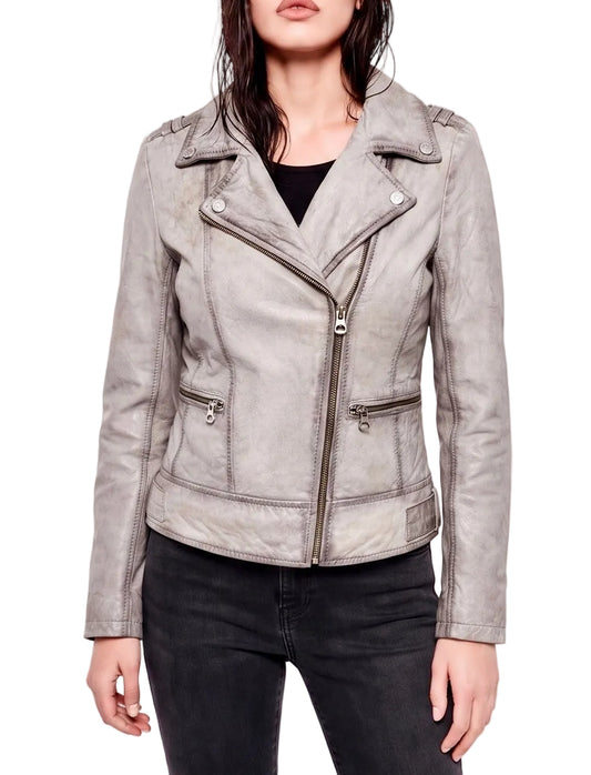 Xchic Pelle Chloe grey vintage leather biker jacket in soft Nappa leather, featuring classic design and detailed stitching.