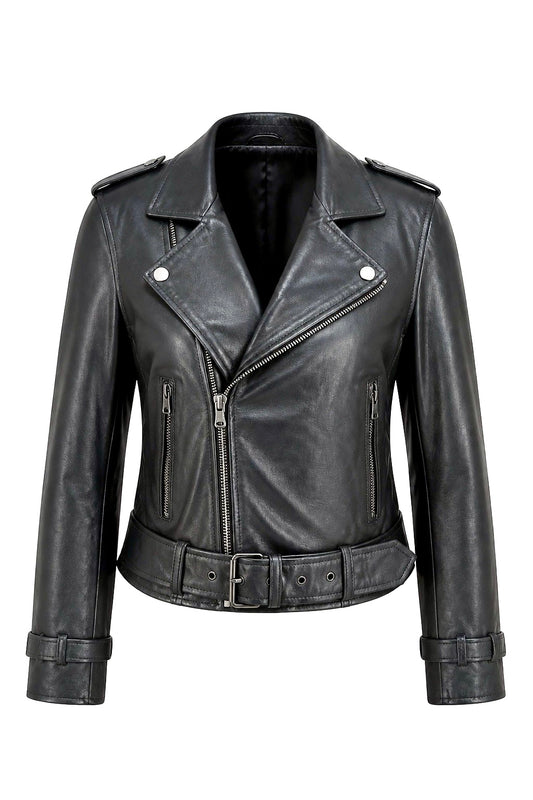 “Perfecto Mini Crop”  Biker with belt  Leather Jacket in soft genuine lambskin