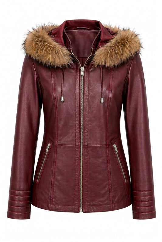 Nora Bordo leather jacket by Xchic Pelle with fur-lined hood, featuring a stylish design and premium leather material.