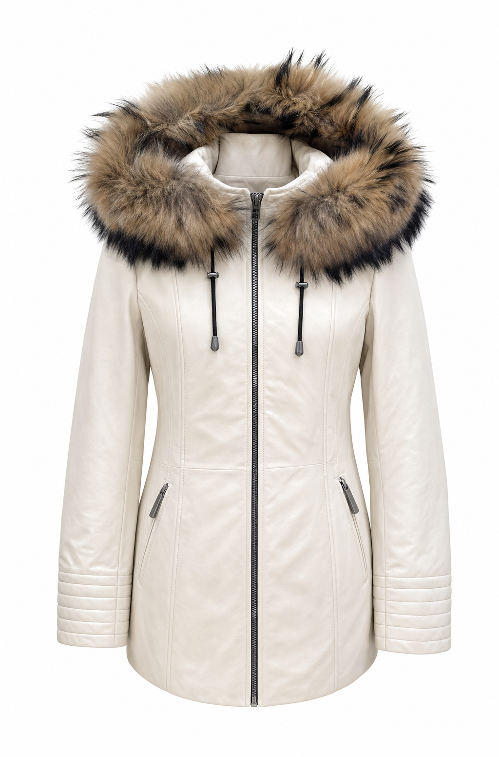 Xchic Pelle Nora cream leather jacket with fur-lined fox hood, stylish and warm outerwear for cold weather.
