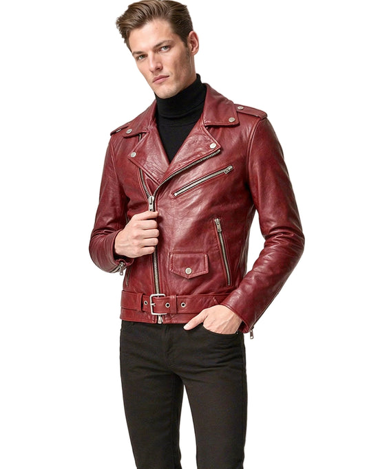 Men's Bordeaux leather biker jacket with belt by Xchic Pelle, featuring a classic design and detailed stitching.