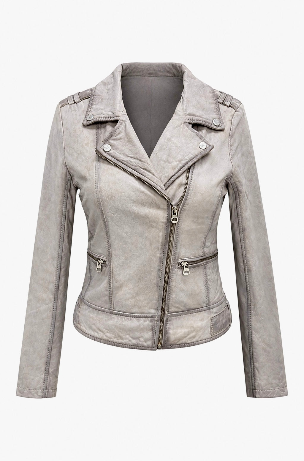 Grey vintage leather biker jacket by Xchic Pelle featuring soft Nappa leather and classic biker design.