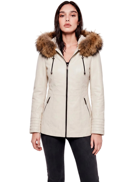 Xchic Pelle Nora cream leather jacket with fur-lined fox hood, stylish and warm outerwear for cold weather.