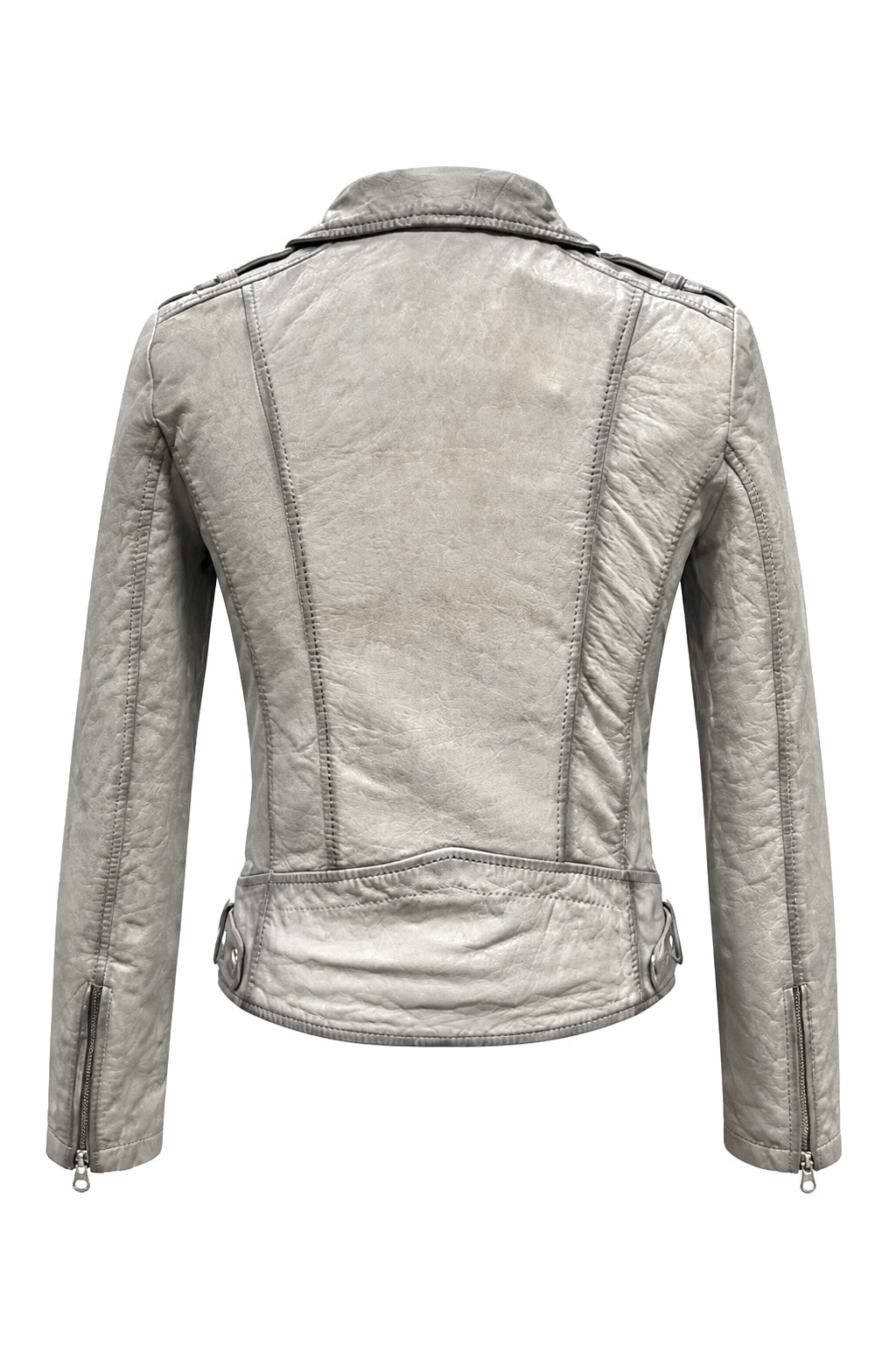 Xchic Pelle Chloe grey vintage leather biker jacket with soft Nappa leather, featuring classic design and silver hardware details.