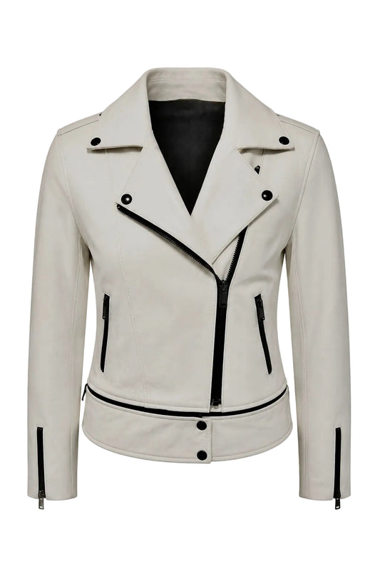 White leather biker jacket with black details from Xchic Pelle, featuring a fitted design and stylish lapel collar.
