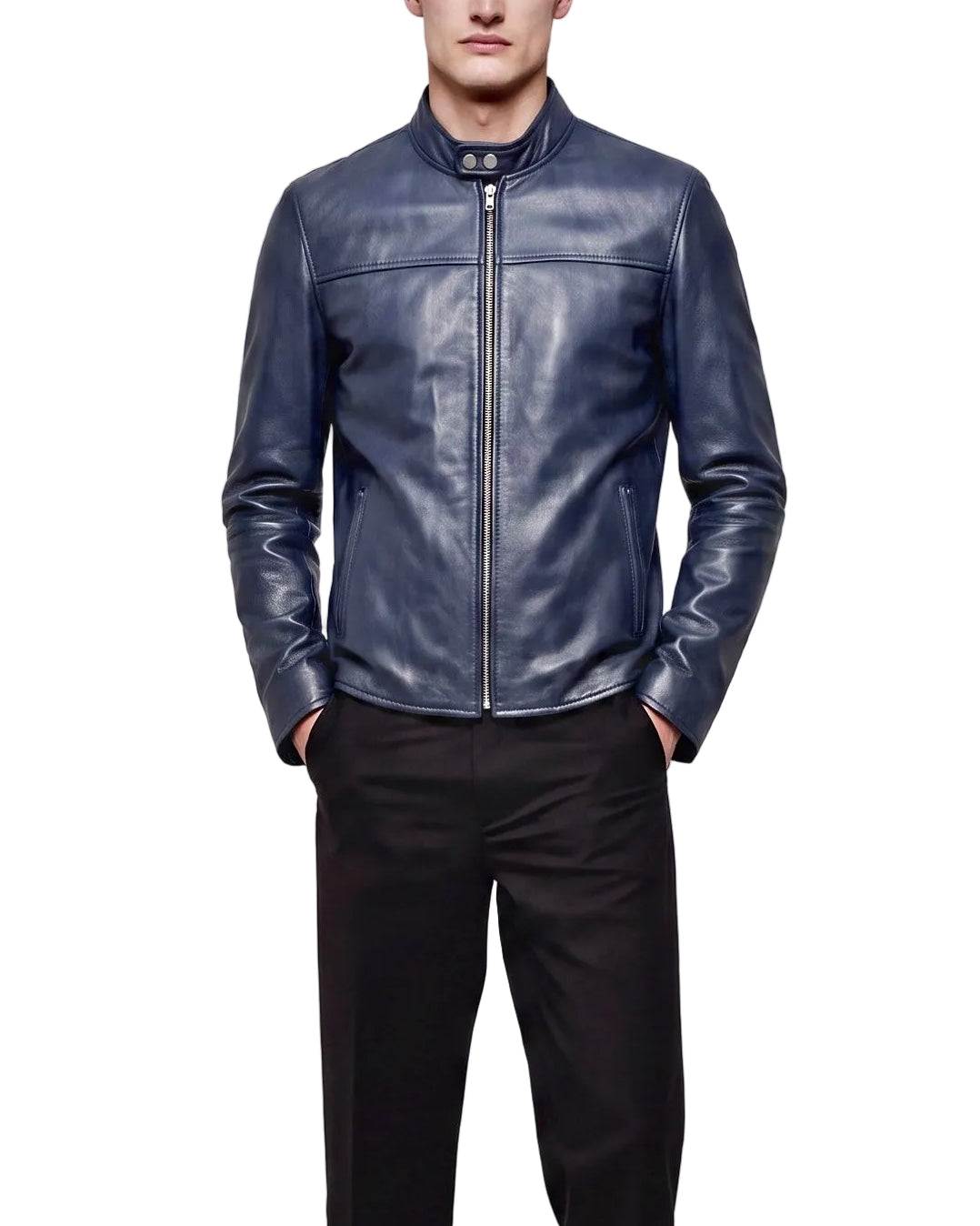 “Avelon” Navy racer Jacket in extra soft genuine lambskin