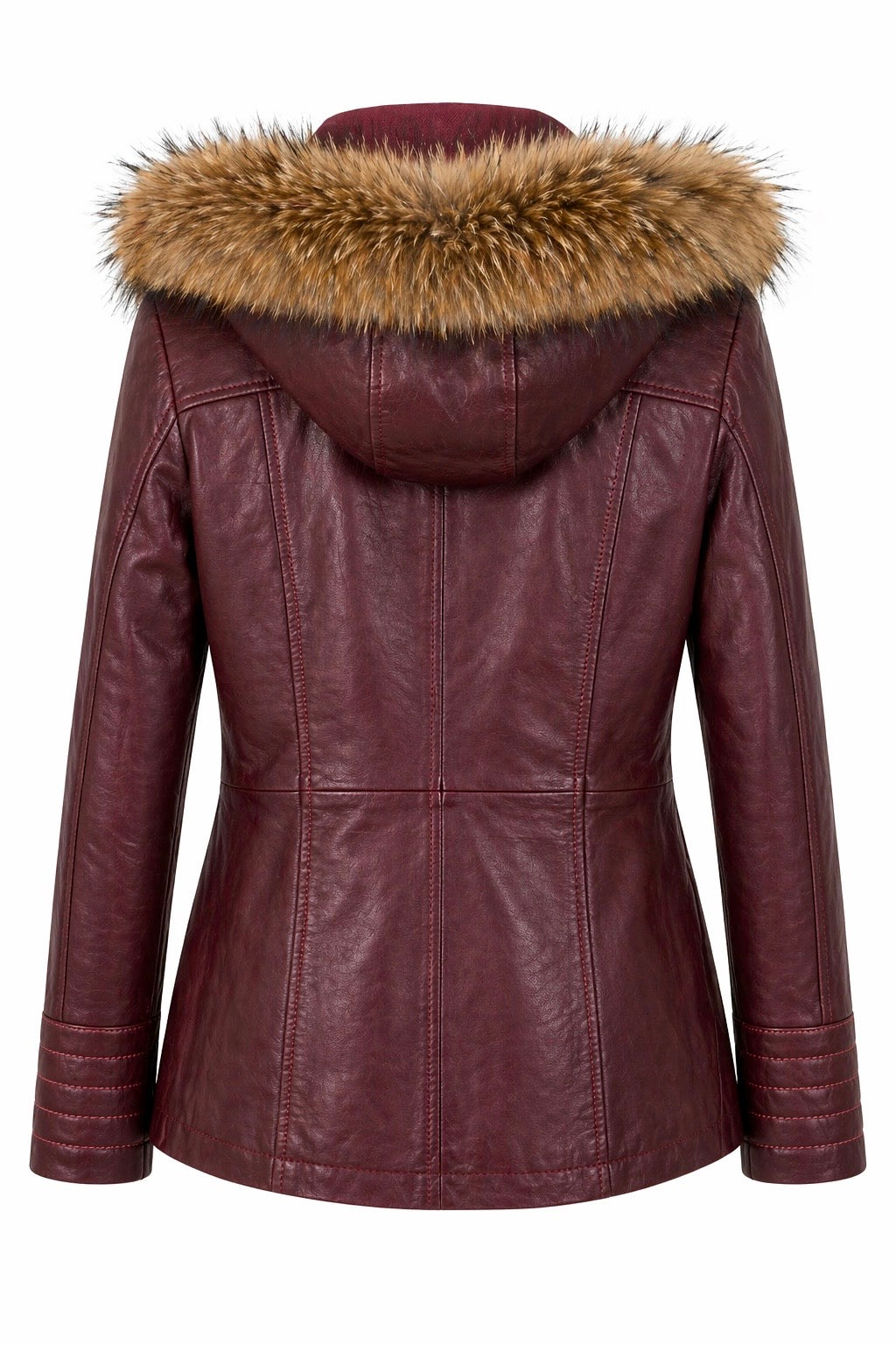 Xchic Pelle Nora bordo leather jacket with fur-lined fox hood and stylish design, displayed on a mannequin.