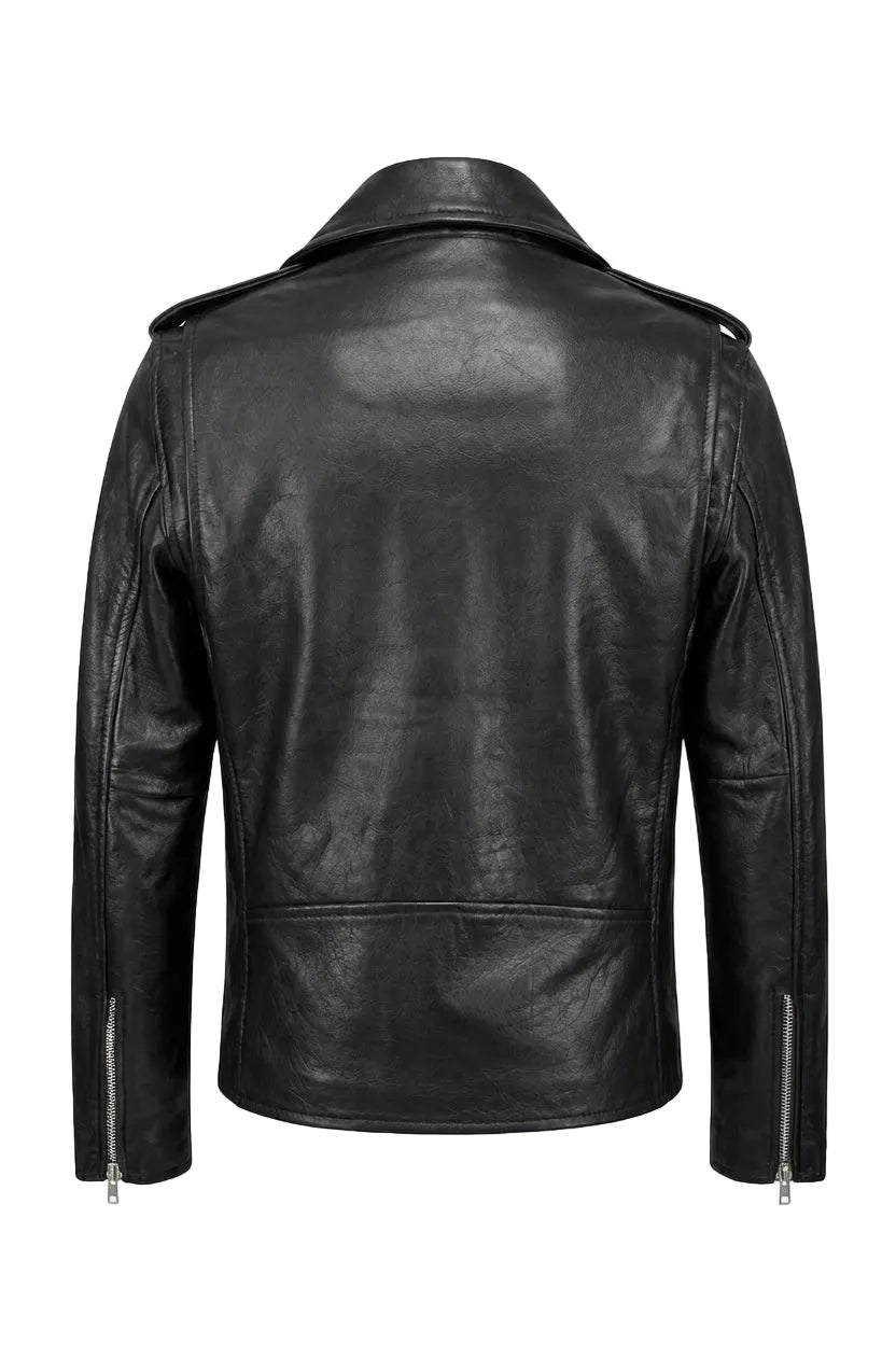 Xchic Pelle Rebel Perfecto black biker jacket made of genuine cow leather, featuring classic lapels and silver hardware.