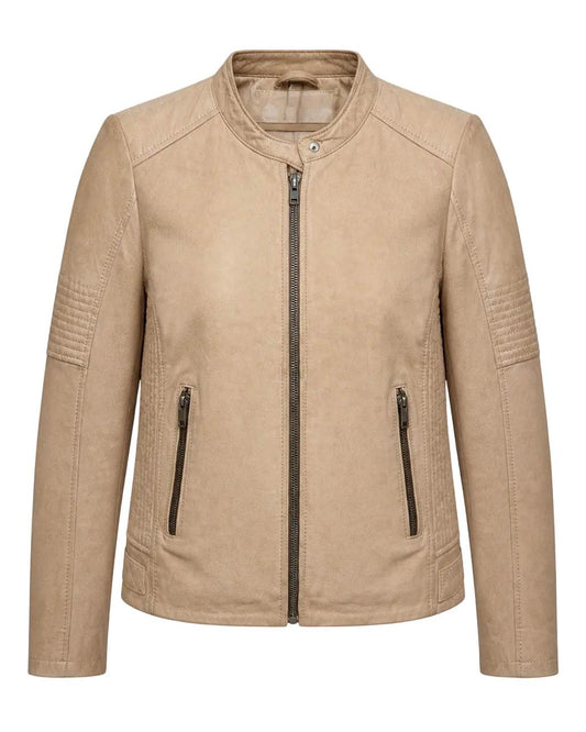 “Jeinx” Beige Biker Leather Jacket in soft genuine Nubuck