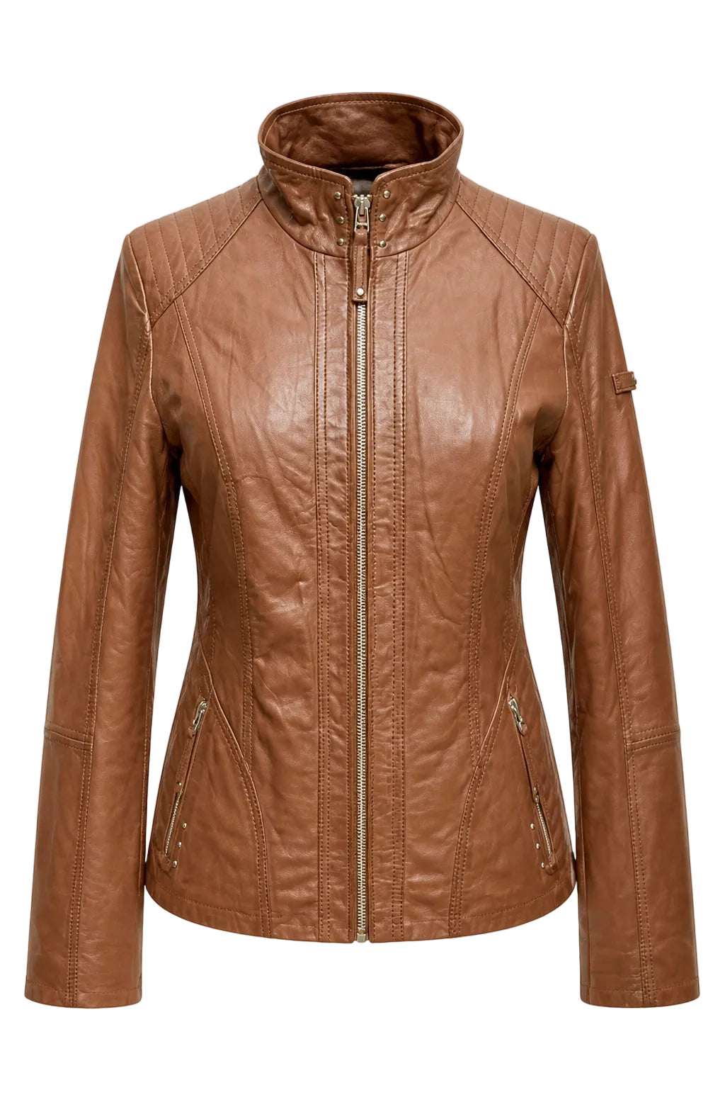 “Sienna” Camel Leather Jacket in soft genuine Nappa