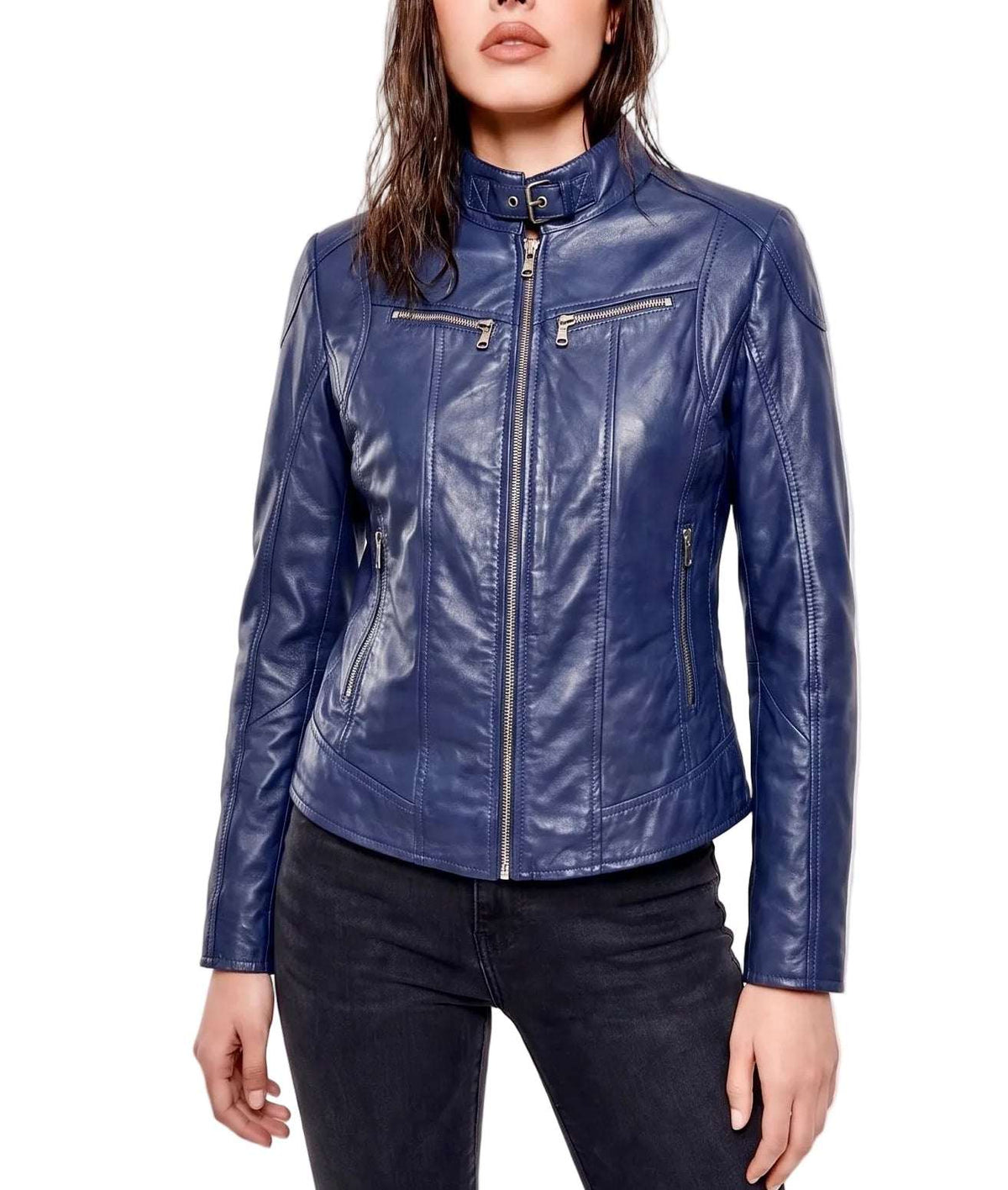 “Joy” Blue  Leather Jacket in soft Nappa