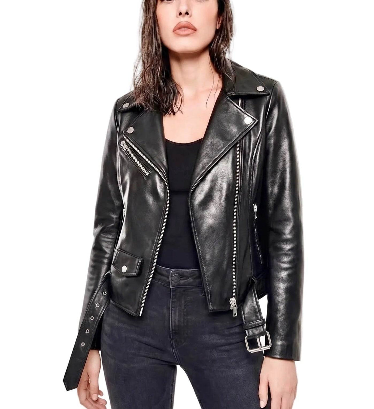 “Perfecto Classic”  Biker with belt  Leather Jacket in soft genuine lambskin