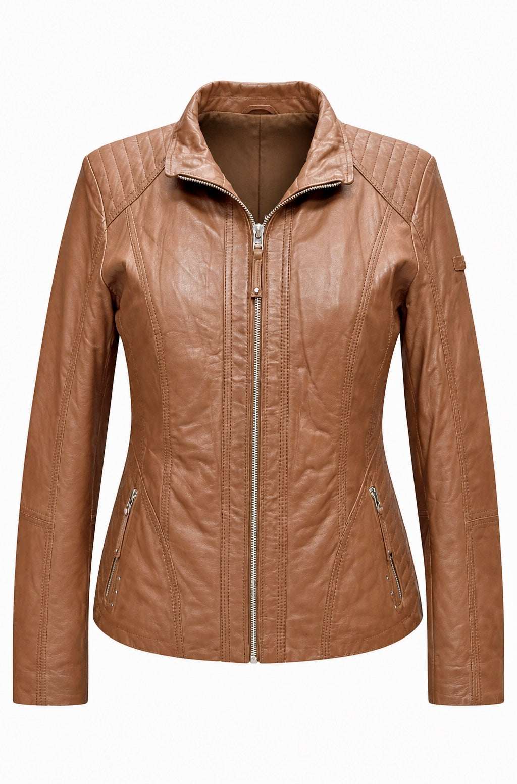 “Sienna” Camel Leather Jacket in soft genuine Nappa