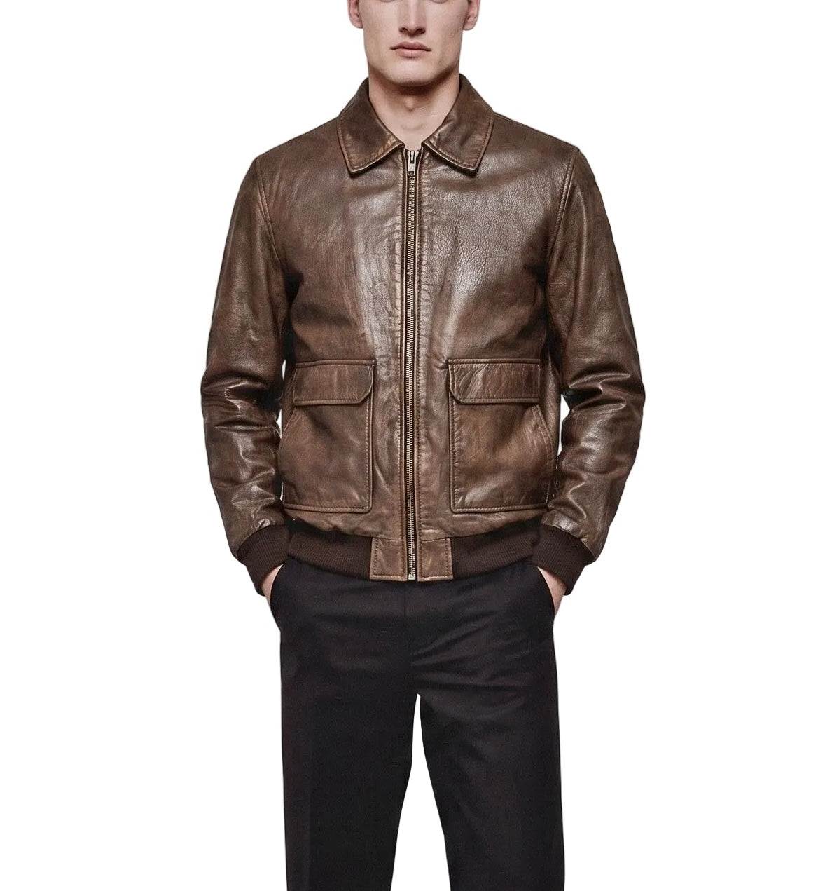 “Ranger” Vintage Brown Bomber Jacket - genuine Calfskin