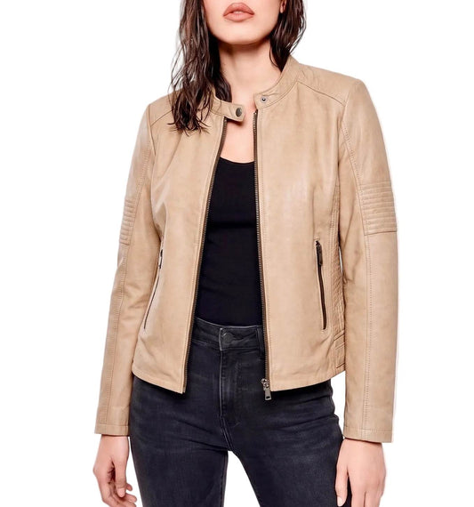 “Jeinx” Beige Biker Leather Jacket in soft genuine Nubuck