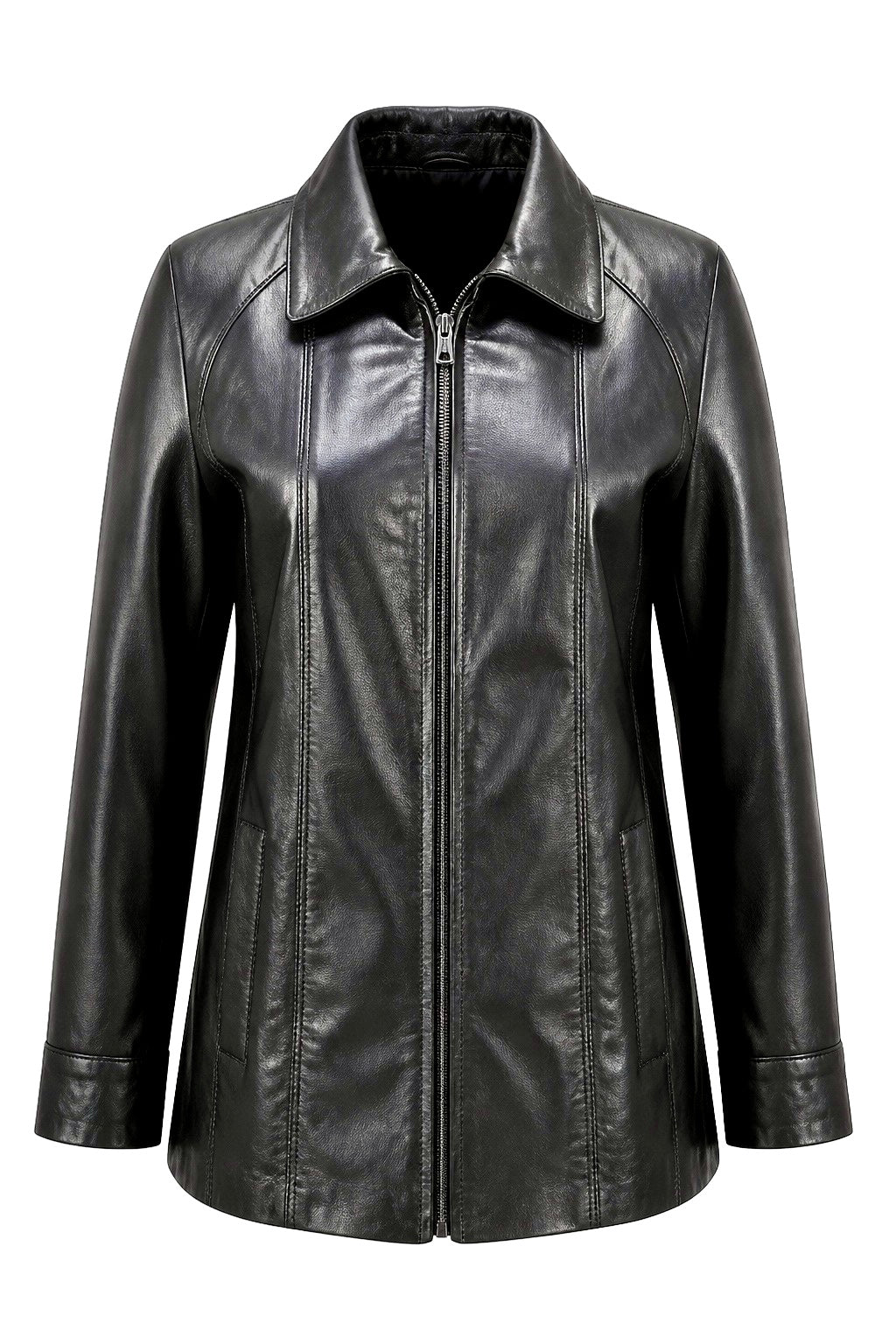 “Isabella” (PLUS SIZE) Black Leather Parka with Fur/Fox Hood