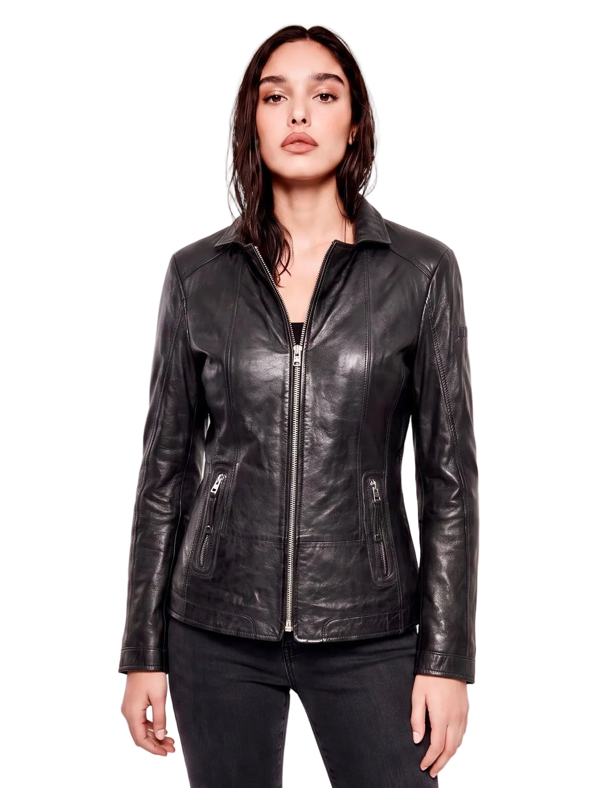 Xchic Pelle 8700C black leather jacket in soft genuine Nappa leather, full view showing classic design and smooth texture.