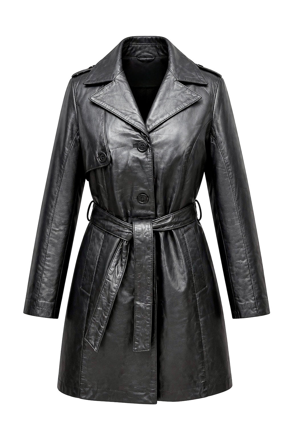 “Cairo” Black Leather Coat with Belt in soft Nappa