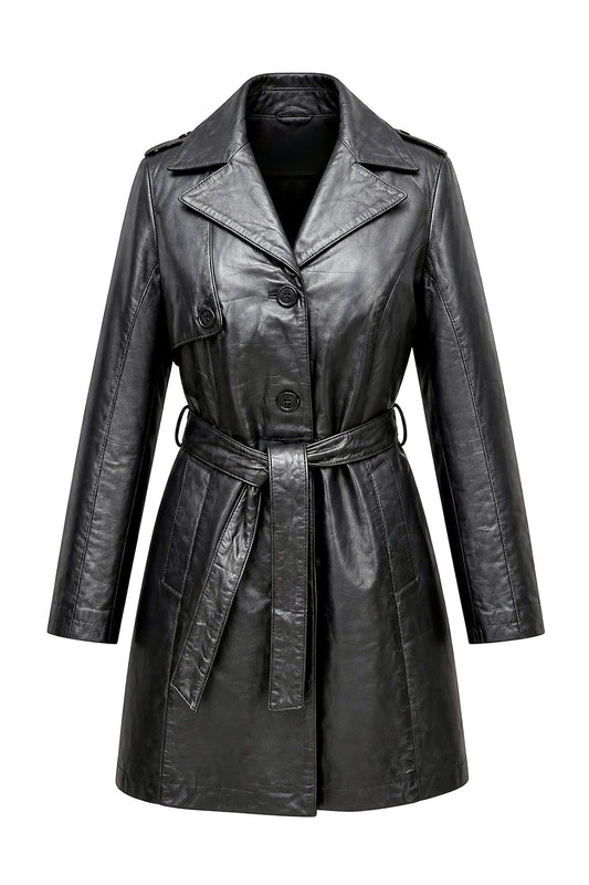 “Cairo” Black Leather Coat with Belt in soft Nappa