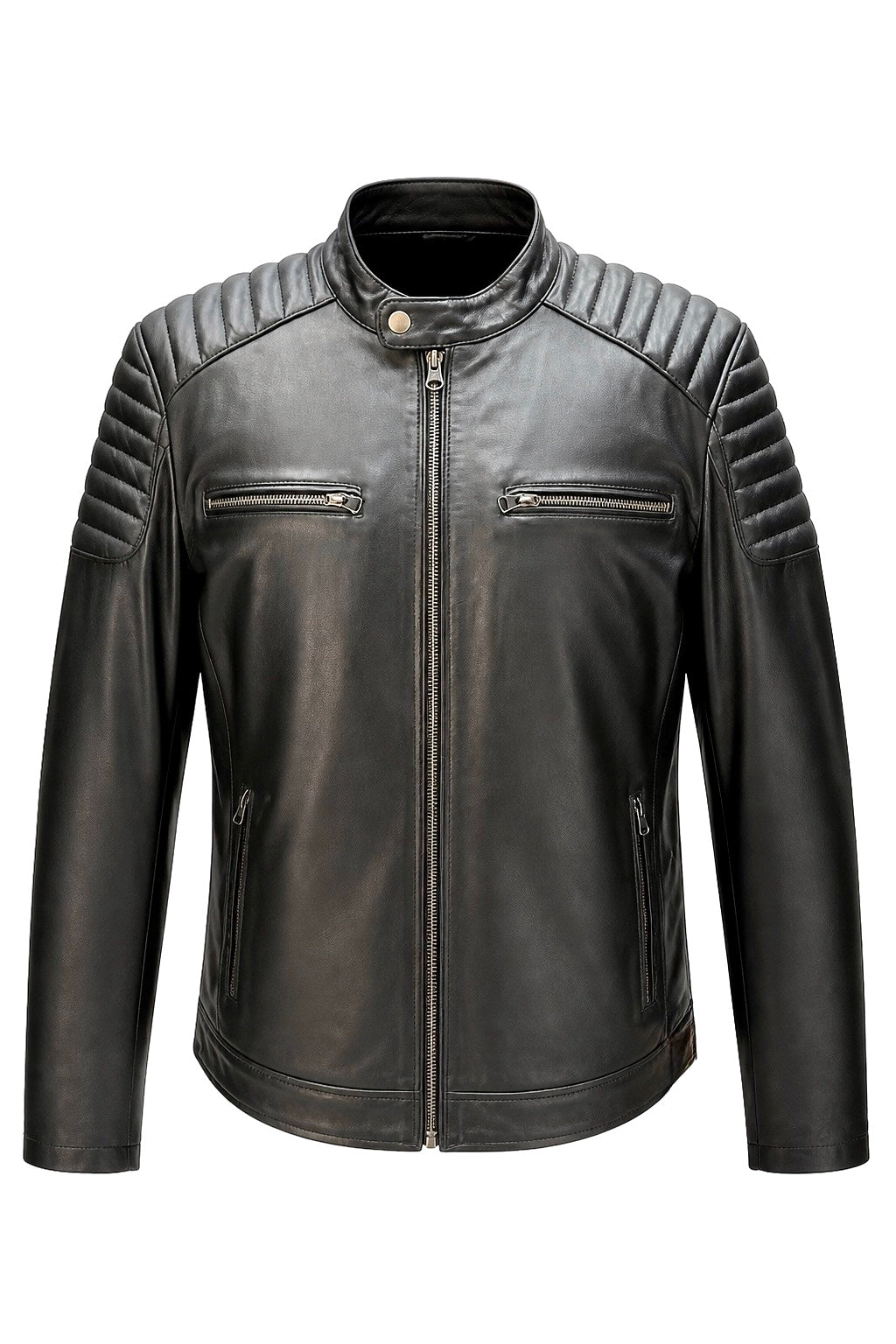 Men's black leather moto biker jacket by Xchic Pelle featuring soft Nappa leather and classic design.