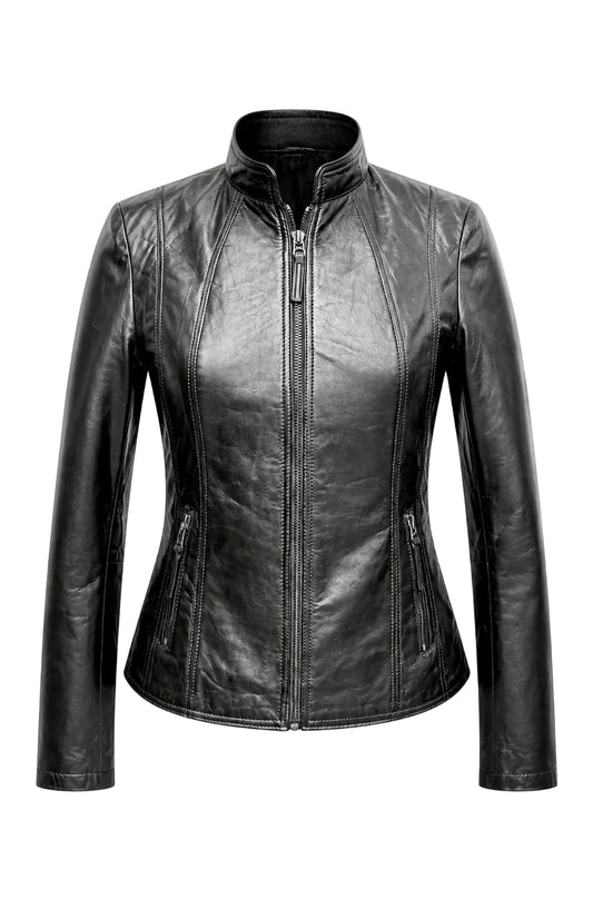 Black Xchic Pelle leather jacket in soft genuine Nappa, stylish and elegant with a smooth, high-quality leather finish.