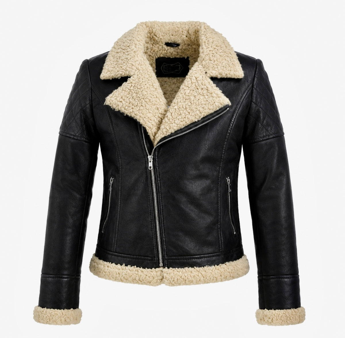 Xchic Pelle Stella black leather aviator sheepskin jacket with shearling collar and lining, full view of the stylish outerwear.