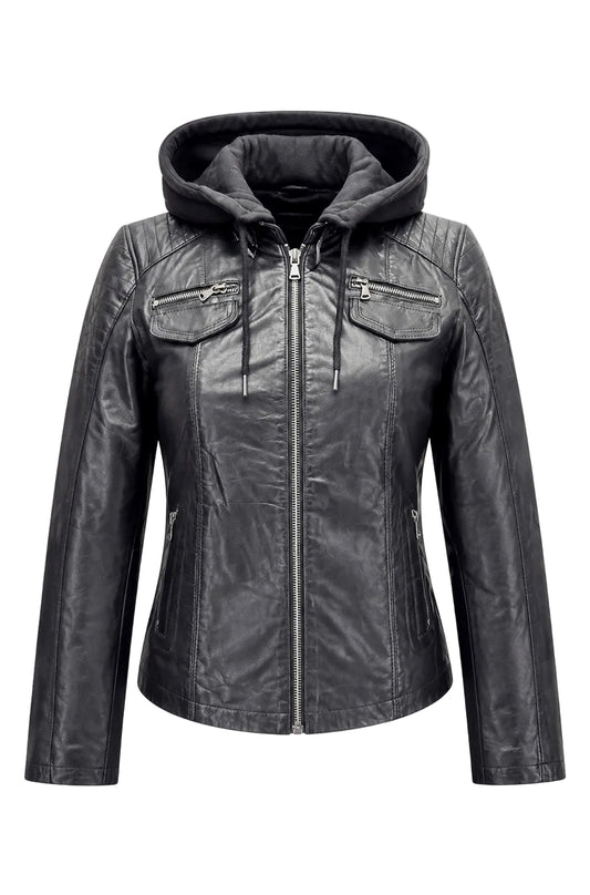 Xchic Pelle "Laura" black leather jacket with hoodie, full view showing stylish design and smooth leather material.