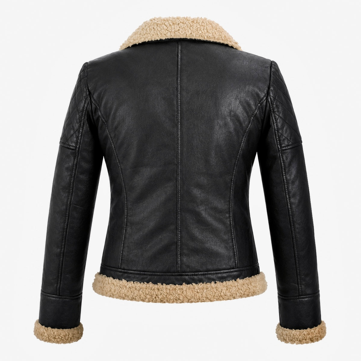 Xchic Pelle Stella black leather aviator shearling jacket with shearling collar and cuffs, full front view.