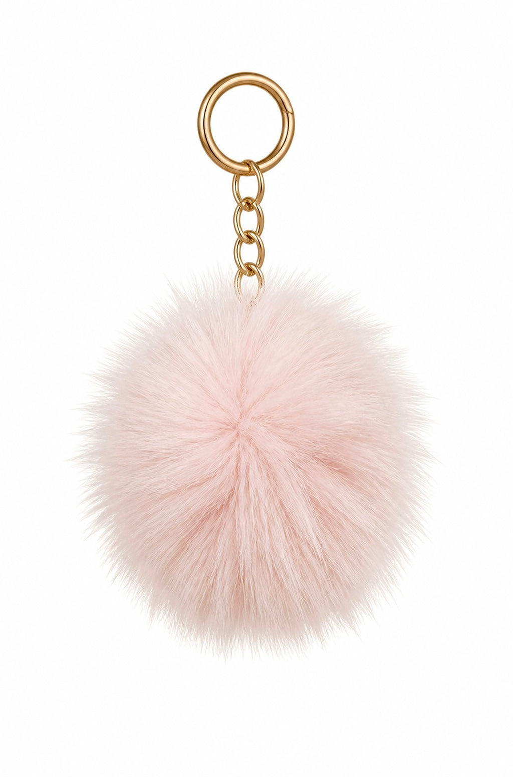 Xchic Pelle luxury pink and white fur pom pom bag charm with keyring, featuring soft plush texture and stylish design.