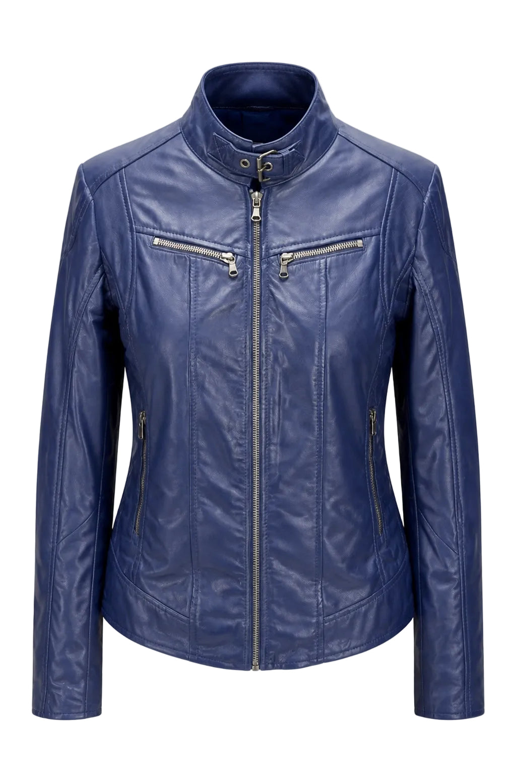 Xchic Pelle "Joy" blue leather jacket in soft Nappa leather, shown in a full-length view highlighting its stylish design.