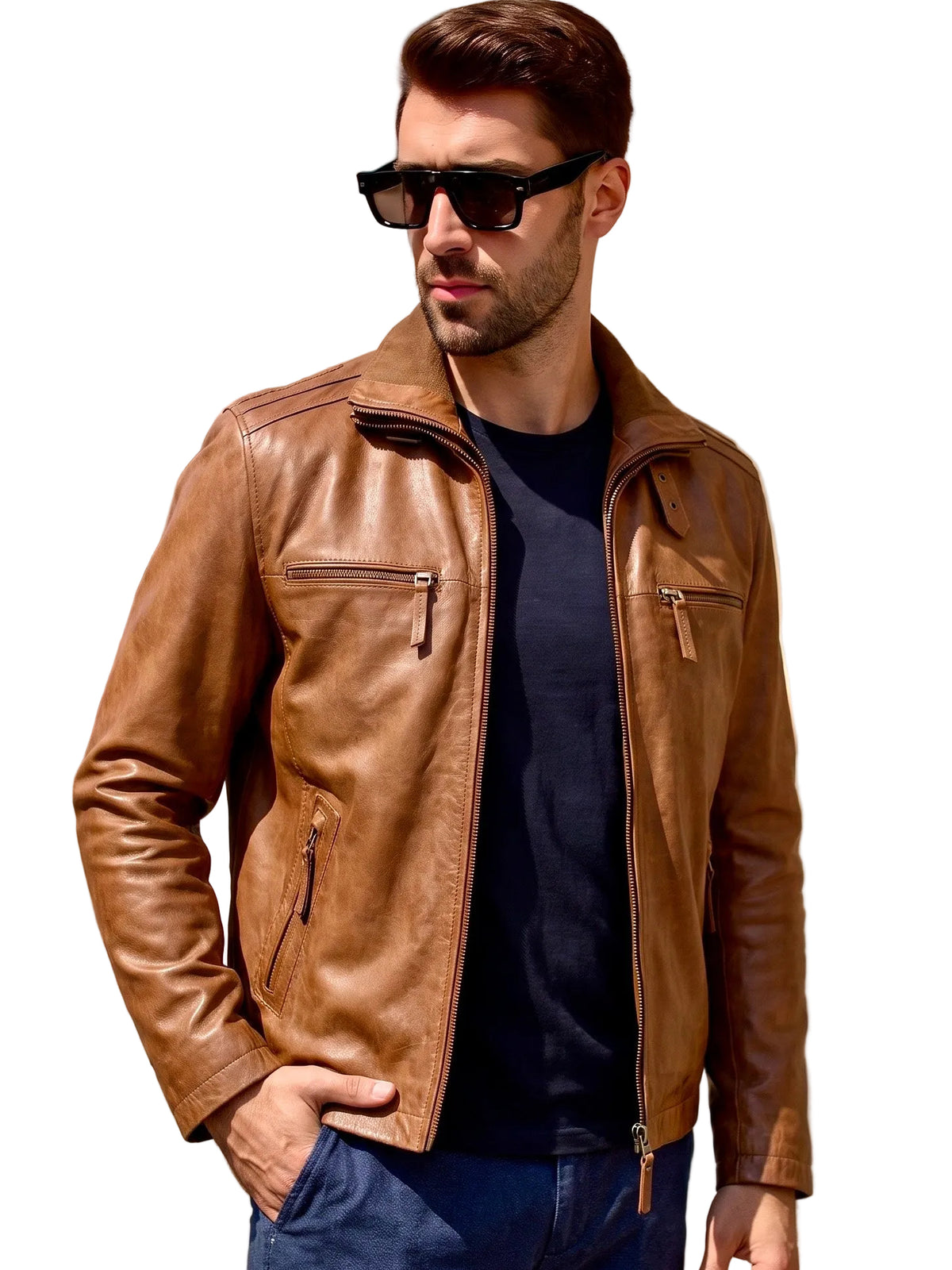 “Oscar” Cognac Brown Leather Jacket in soft Nappa